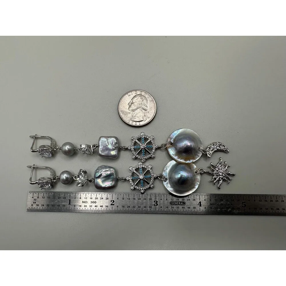 Extra Long Mabe Pearl Statement Earrings, Sea Gray Square & Round Pearls, Crysta